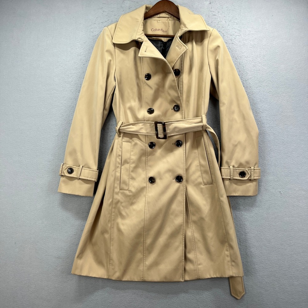 Calvin Klein Trench Coat Womens Small Tan Double Breasted Belted Quiet Luxury